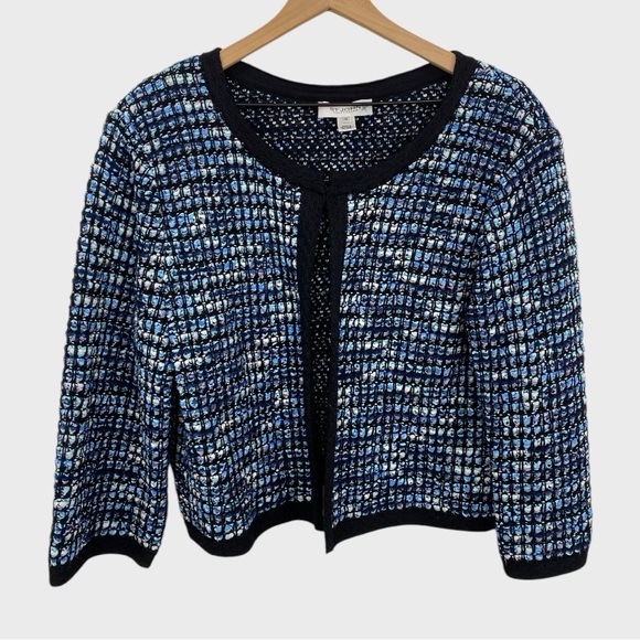 St. John Blue Black White Boucle Knit Open Front Jacket Size 18